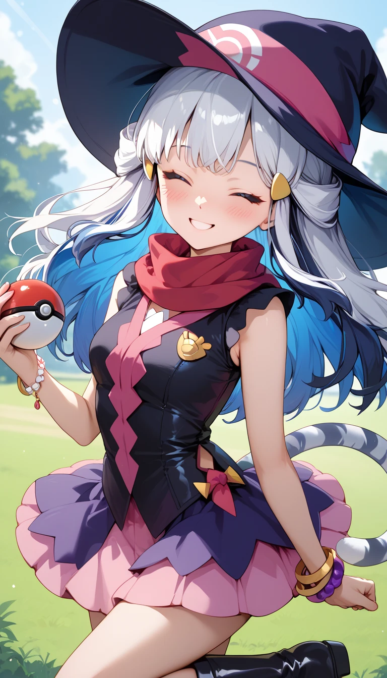 ((masterpiece)), 1girl, solo, long hair, white tiger ears, white tiger tail, closed eyes, ((Dawn's outfit)), purple outfit, black outfit, multicolored outfit, bracelet, high black boots, blush, short skirt, thick hair, looking at viewer, teasing smile, Dawn's hat, holding pokeball, dark hat, white hair, ((two-tone hair)).