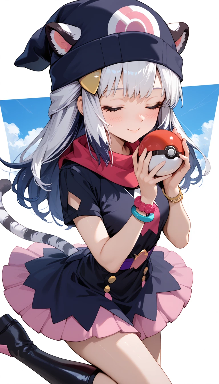 ((masterpiece)), 1girl, solo, long hair, white tiger ears, white tiger tail, closed eyes, ((Dawn's outfit)), purple outfit, black outfit, multicolored outfit, bracelet, high black boots, blush, short skirt, thick hair, looking at viewer, teasing smile, Dawn's hat, holding pokeball, dark hat, white hair, ((two-tone hair)).