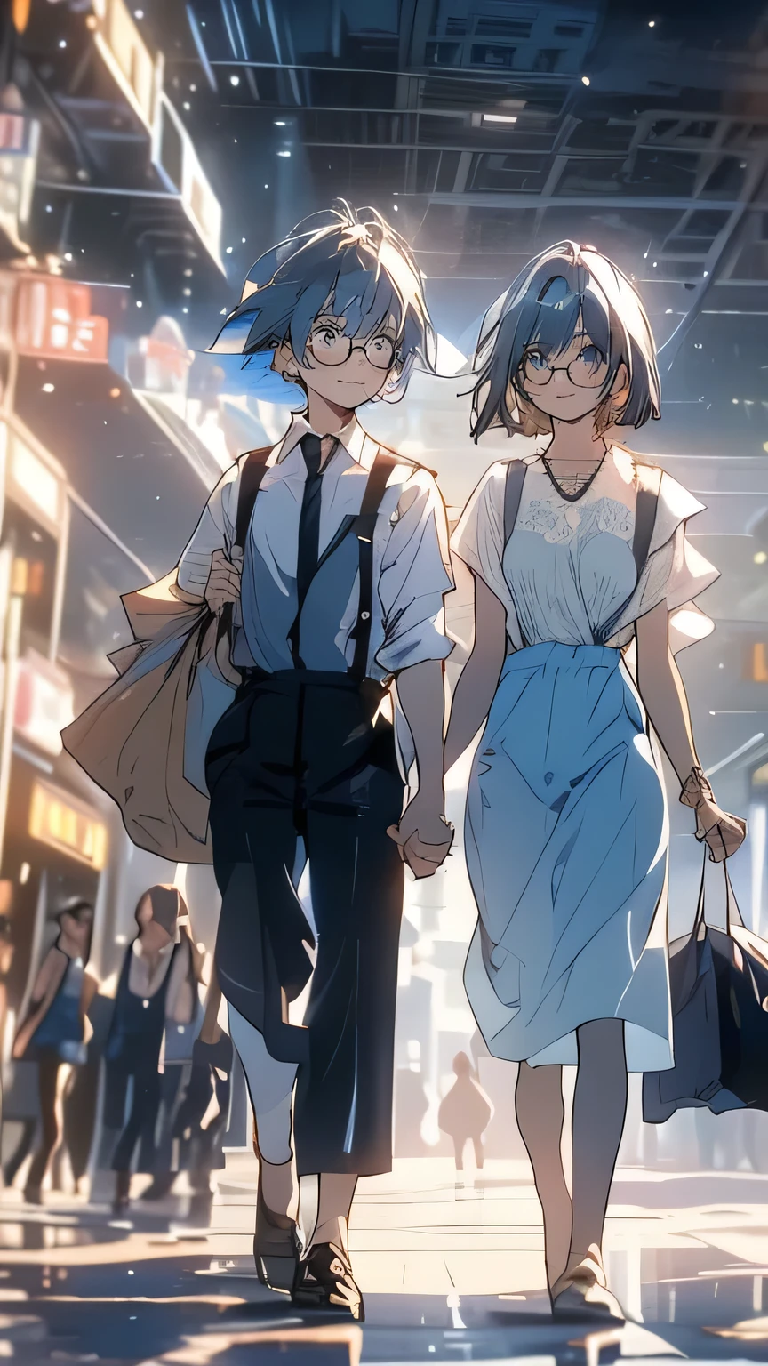 2 beautiful girls, male and female ( blue hair, short hair, loose, fluffy bob, flower hair ornament, white t-shirt, overalls ) male( in a black suit, blue tie, business bag, brown leather shoes, blonde, short hair, black rimmed, thin glasses)  2 walking hand in hand, bustling cityscape in a shopping street 