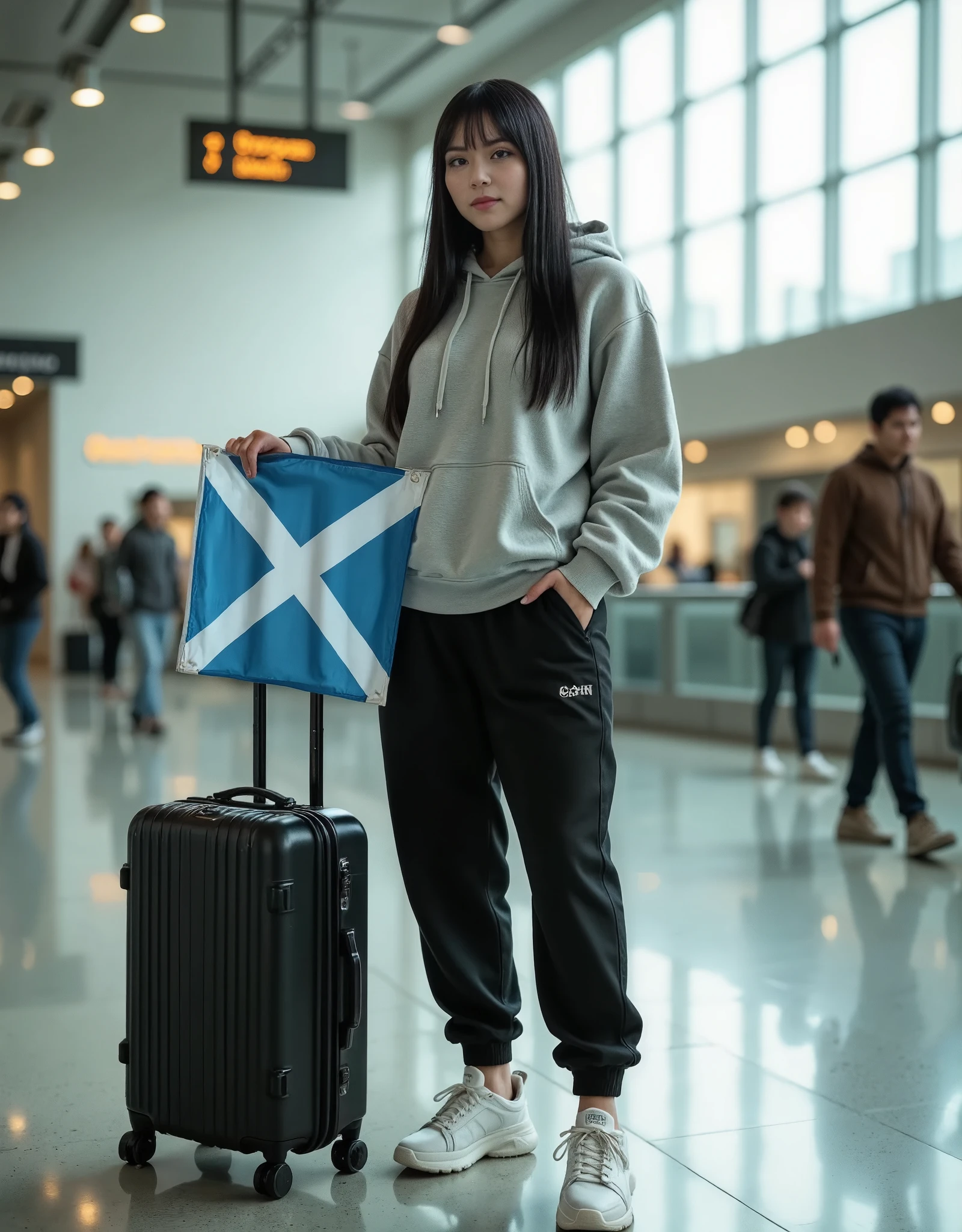 "A realistic photo image of Samira , white skin,  long straight black hair with short bangs big breasts healed body, at the airport,  wearing an oversized light gray hooded sweatshirt ,  black joggers and chunky white sneakers .  She's holding a Scottish flag with a confident smile ,  while an elegant black suitcase is at her side . The surrounding environment is bustling , with people walking,  suitcases and boarding plates in the background .  Natural lobby lighting comes through the large windows ,  highlighting Samira's flag and excited expression as she gets ready for her next adventure."