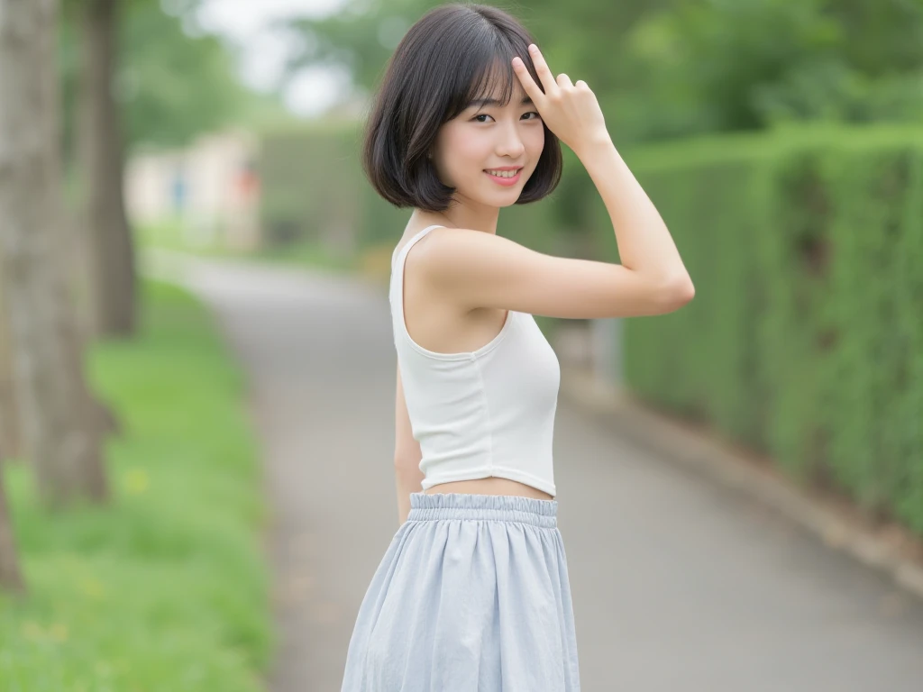  Japanese、woman、 Short Hair、Smile、profile、white colored clothes、 tank top 、 miniskirt