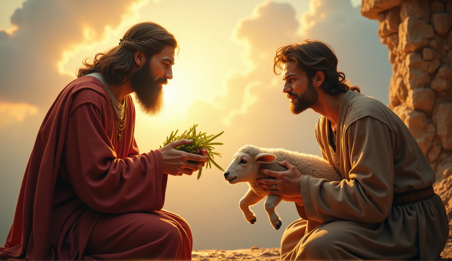  In a Renaissance art style scene ,  captures a moment in heaven where God ,  represented as a majestic and luminous figure ,  with an expression of approval and love , receive the offering of Abel ,  who is kneeling offering an impeccable lamb . At your side, Cain,  with a look of envy and frustration ,  he extends his hand with vegetables that seem wilted in comparison.  The background is an ethereal sky with shades of gold and blue soft ,  that highlights the difference in acceptance between offerings .  The composition should evoke an atmosphere of theological drama ,  with meticulous details in clothes and facial expressions ,  all in a 4K resolution ,  demonstrating an unparalleled clarity and depth 