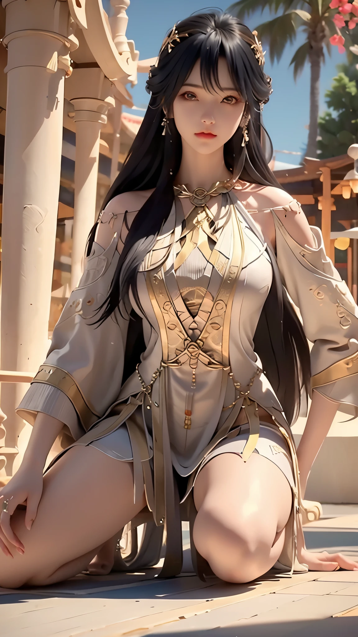 1girl,  octane render, Beautiful detailed eyes ,  Beautiful delicate lips ,extremely detailed eyes and face, long eyelashes, Thick eye line ,Shining pupils, perfect figure ,Curvy body,Kneeling,high heel,anklets,smooth thighs,from left side, oblique angle lens ,painting,  Vibrant color , soft light,  flowers in the background ,  Best Quality,  Super Fine, Realistic photos