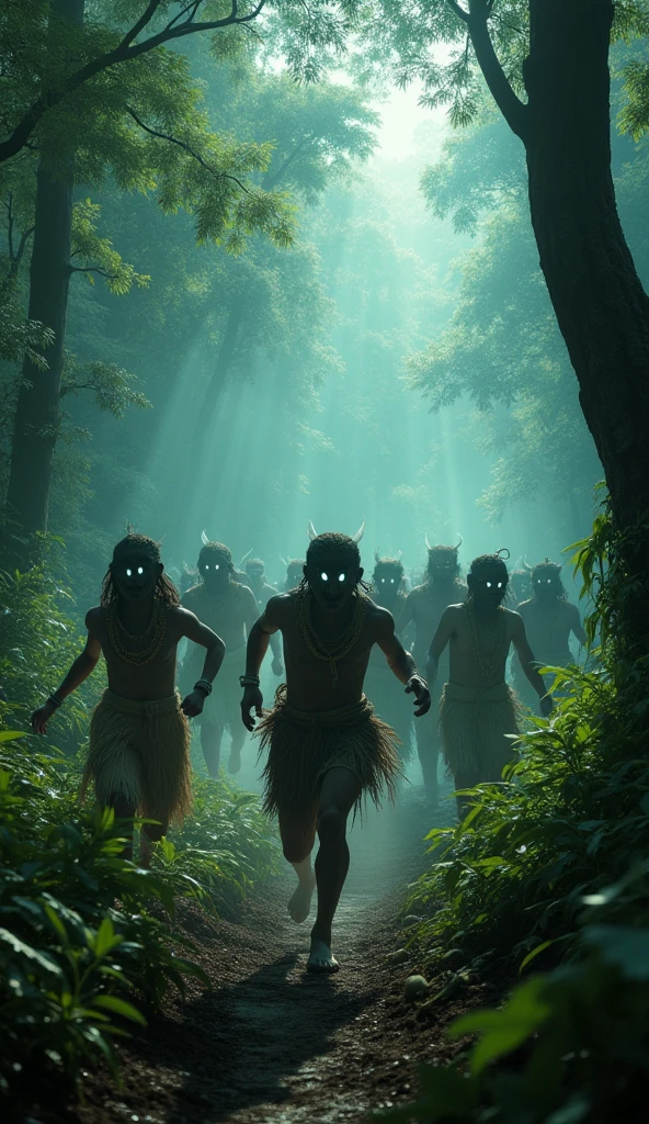 A black-haired young man was chased by a tribal woman wearing a giant mask with white hair in a forest on a mysterious island with fog.