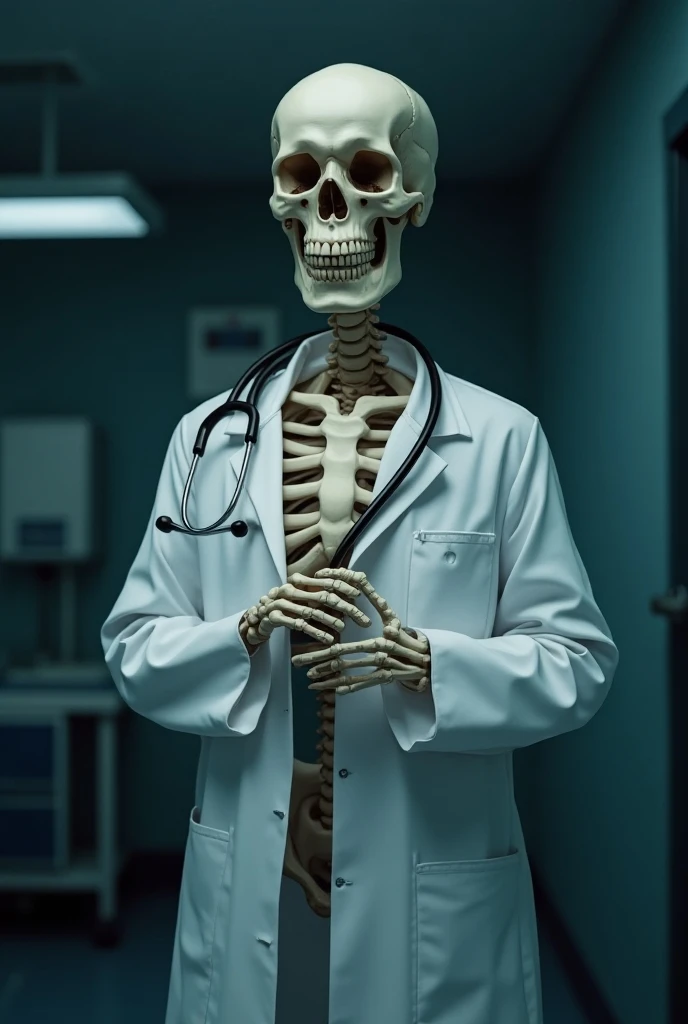 A nurse with a mirror and his body is a skeleton