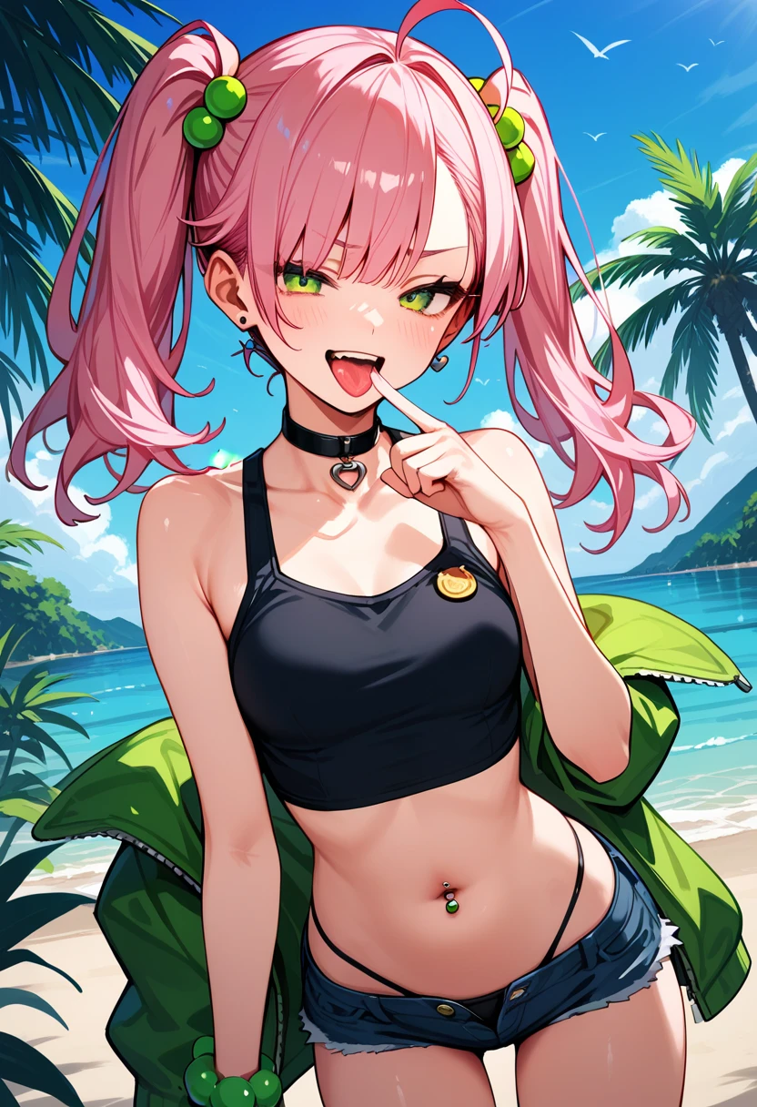 score 9, score 8 up, score 7 up, source anime,rating explicit,break, 1girl,mesugaki, twintails,pink hair,middle hair, green eyes,  piercings,high quality, detailed shiny skin, detailed beautiful hair, detailed beautiful eyes, (high resolusion:1.2), 4K, official art, high quality、zako (meme),smug,naughty face,black crop top ,denim shorts,jacket,detailed cloth,open mouth,tongue out,fingers to mouth,collarbone,bare shoulders,black string panties ,navel,navel piercing ,hair light green bobbles ,choker,leaning forward,amusement arcade