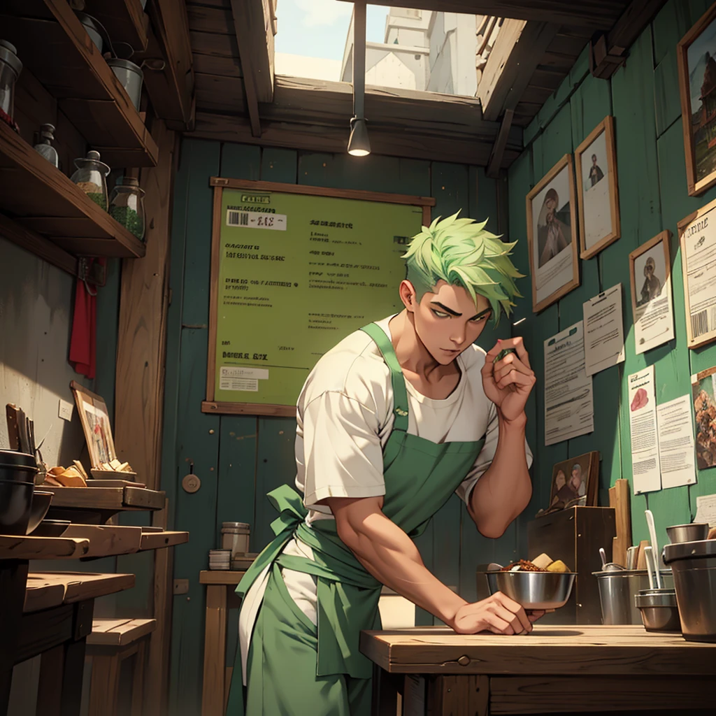 an arcane style art, of an eighteen year old man, divine beauty, square face, buzzcute style mint green hair, athletic body, he is shirtless and wearing a white apron, wide black pants, he is in a small wooden restaurant and gray cement walls, well defined image without errors, perfect, well detailed