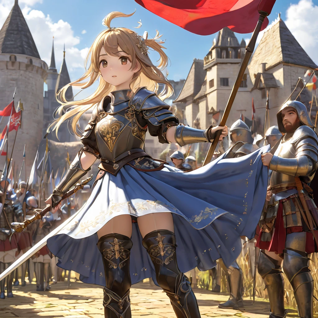 (   Highly Detailed CG Octane Rendering 8K Wallpaper ),   World's Most Beautiful Artwork  ,   Long Spear with a Flag , Complex,   high detail, ８ year old girls , Gold embroidery,  Medieval Long Cotton Dress （With panniers）, cotton cloth,   raise skirt  , Strong winds, Transparent slip, Translucent Tights  , Peeking from below, Best Quality, Disarray of clothing,   lies down, underwear,   show off your thighs, knight , Skirt lining, Bloomers、Leather Armor、 with a flag attached to a long spear 
