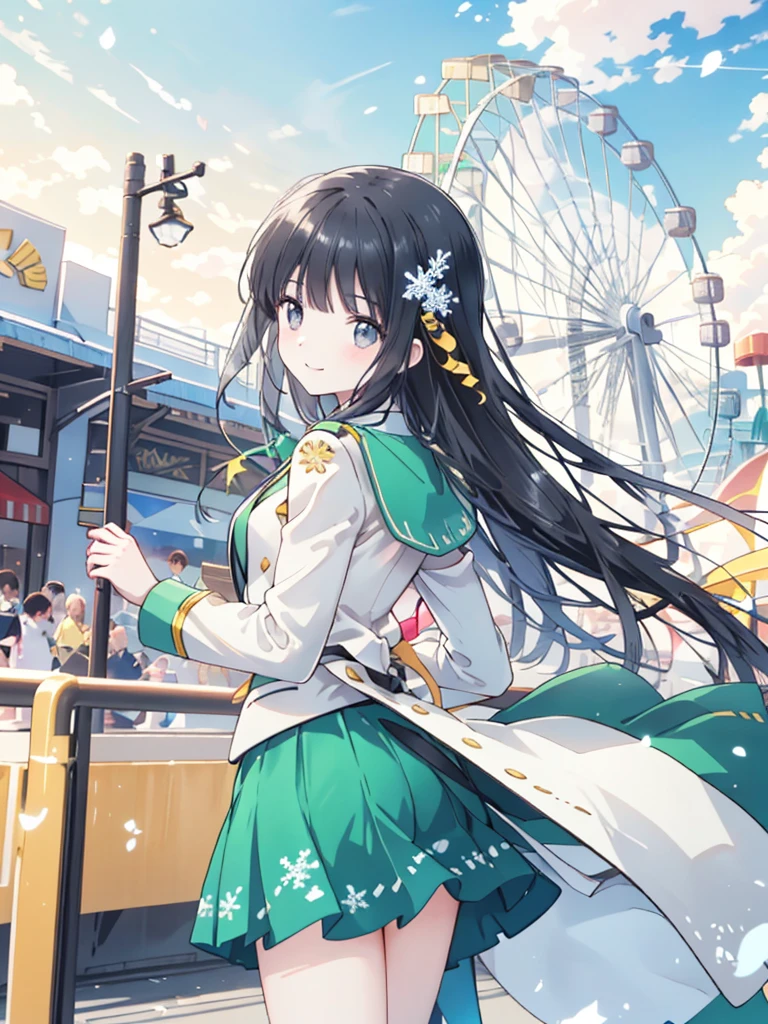 The background is an amusement park with a Ferris wheel. A single 28-year-old peerless beauty with glossy, straight black hair that reaches halfway down her back. She is smiling enchantingly. She wears a snowflake hair ornament. She is wearing a green-based blazer with many white accents and a green Skirt, along with black tights. She has small, elongated black eyes and clear white skin. Sunset sky.