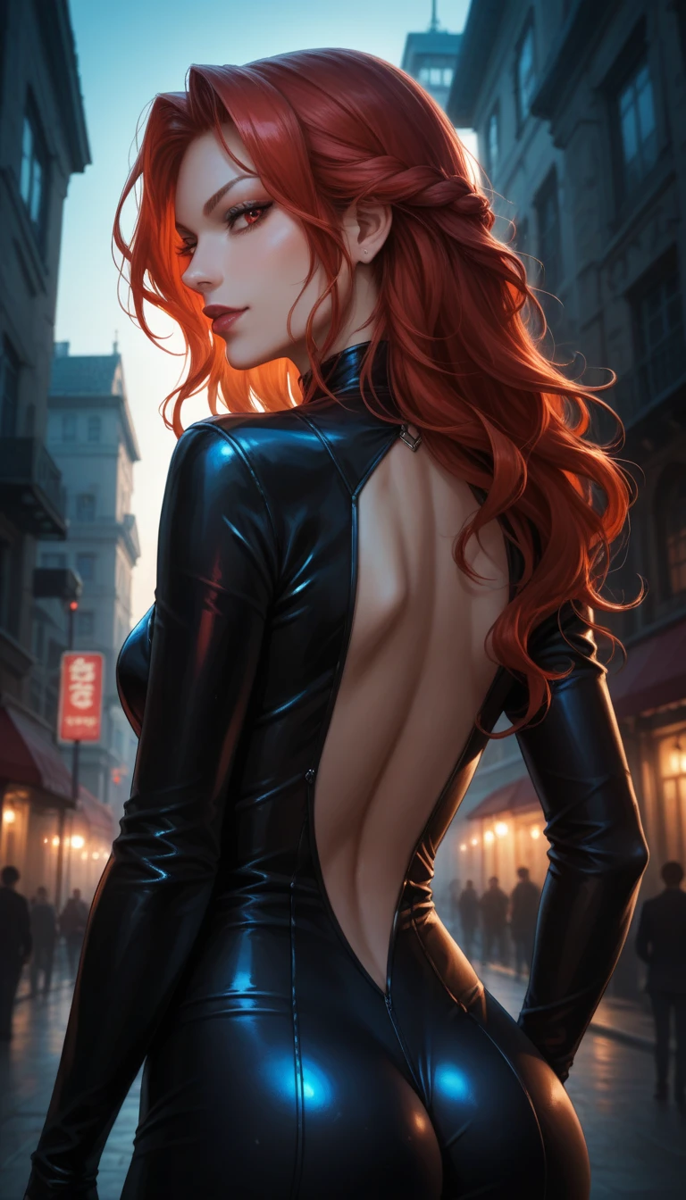 masterpiece,  of high quality, 
   realistic photo   ,  Sacimaer   ,    vibrant colors   ,    Light-Dark Lighting   ,      with cannabis theme   ,
1 woman,   detail inspired by the Lenore black blouse    (   from Castlevania Netflix    )
long  red hair,  red hair,    red eyes   ,
 Back View,   small black leather swimsuit , 
gothic city,buildings,
seductive pose,    dramatic angle   ,