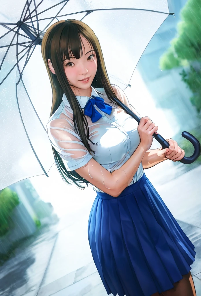 {{{{{mizumoto yukari,photorealistic,realistic,tall female}}}}},{{{1girl,solo,school uniform}}},{{idolmaster cinderella girls}},{{sousou_(sousouworks),stanley_lau,dandon_fuga,homare_(fool's_art),guweiz,ilya kuvshinov}},{{{{{small eyes,cowboy shot,nose,nsfw,backlighting,dutch angle}}}}},{{{blue long skirt,pleated skirt,white shirt,long bowtie,blue neck ribbon,long ribbon,short sleeves,smile,brown hair,long hair,black pantyhose,brown loafers,outdoors,shadow,lips,medium breasts,wet,water,sweat}}},head tilt,blush, tile floor,plant,wet shirt,rain,embarrassed,parted lips,holding umbrella,[[[[[[blue bra, lace-trimmed bra,hands up,from side,bent over]]]]]],{{