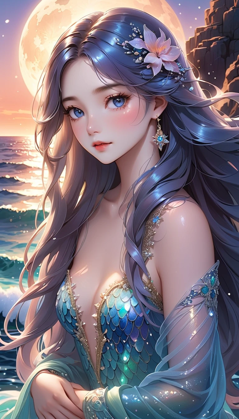 1 sexy girl, magic style, full breasts, slender legs, beautiful and moving, the best quality, a masterpiece to the next level. Emphasis on the half-body (1.3), the scene is oceanic, and the low saturation effect is present in cool tones. streaked hair, hair bell, red lips, sparkle, textured skin, best quality" --auto --s2