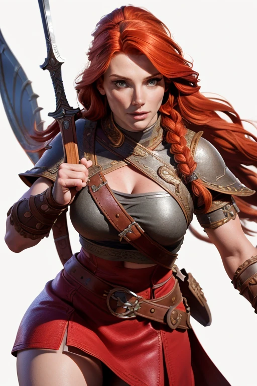  Young Viking woman , warrior,  long red hair tied in a single braid ,  amazonian body ,  generous hips , curvilinear, armed with sword ,  woman wears leather armor with leather linings and Celtic and Nordic knots, fur skirt,  top quality,  masterpiece , super detail,  lyrics,  cinematographic lighting,  plain white background , without patterns, No textures.