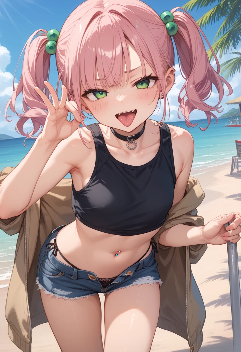 score 9, score 8 up, score 7 up, source anime,rating explicit,break, 1girl,mesugaki, twintails,pink hair,middle hair, green eyes,  piercings,high quality, detailed shiny skin, detailed beautiful hair, detailed beautiful eyes, (high resolusion:1.2), 4K, official art, high quality、zako (meme),smug,naughty face,black crop top ,denim shorts,jacket,detailed cloth,open mouth,tongue out,fingers to mouth,collarbone,bare shoulders,black string panties ,navel,navel piercing ,hair light green bobbles ,choker,leaning forward,amusement arcade