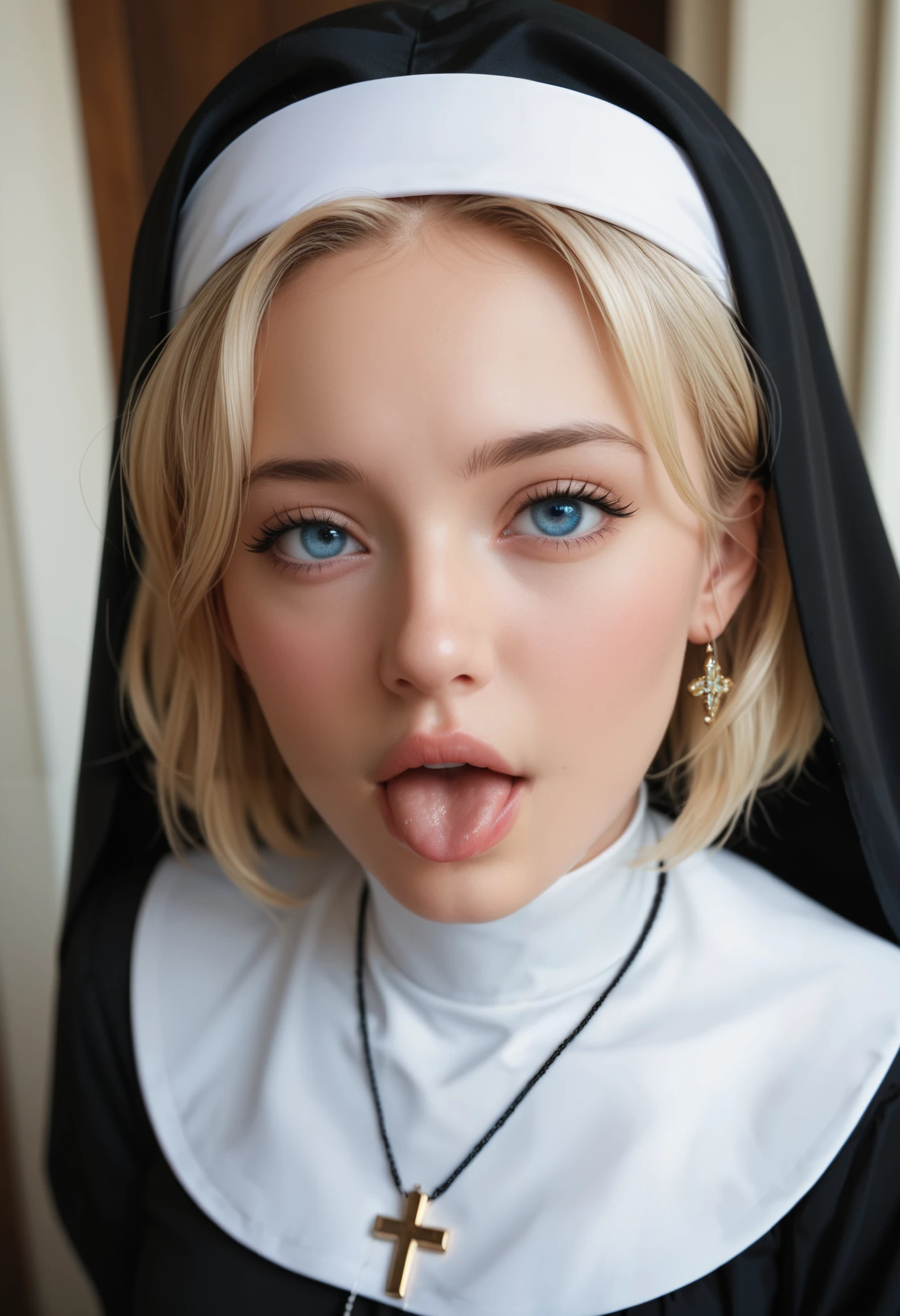 photo sexy, portrait face(closed),closed na boca,  a nun in a black tunic ,  she is a blonde with straight and short hair,  blue eyes and a face with fine and angelic features,  white and black veil,  she is in front, Wide open mouth showing the tongue, (throw),  seen from above, room at the top, open eyes, front view, mouth opened