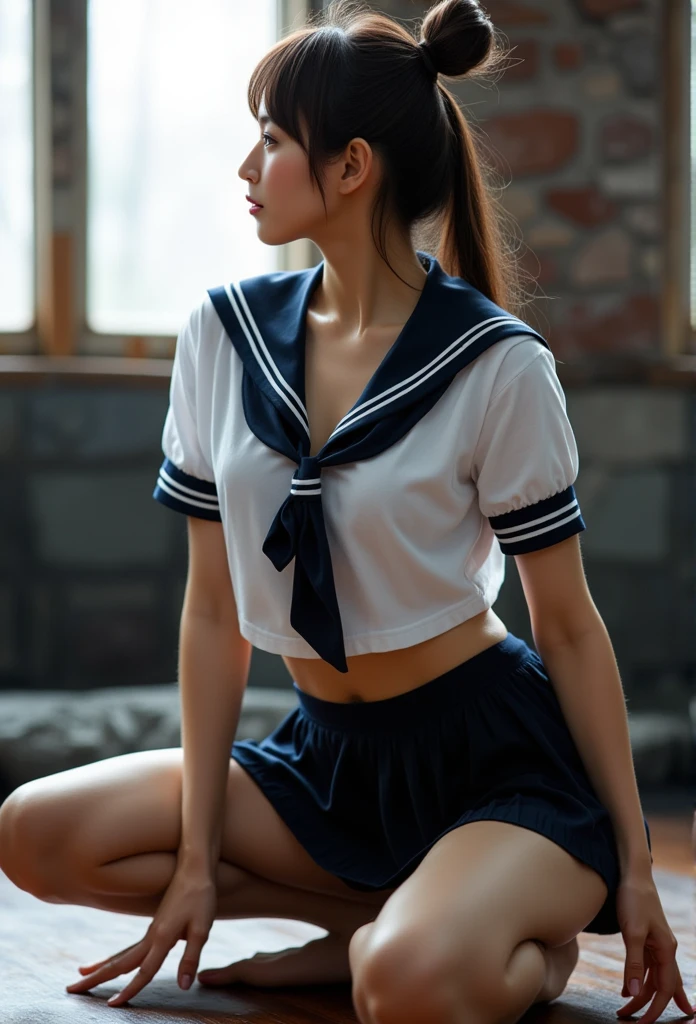 ((Sailor Uniform School Uniform Cosplay、))) ((see -through、)) ((teats、Come Out、areola hollows,)) portlate、In a seductive pose、Raise your arms、Hands up、ultra-short hair、pubick hair、((( 陰核、 、Vaginal opening、Open the))) (( )) (((Spread your legs、Open your crotch、))) (((perspiring、 ))) a picture、masterpiece、