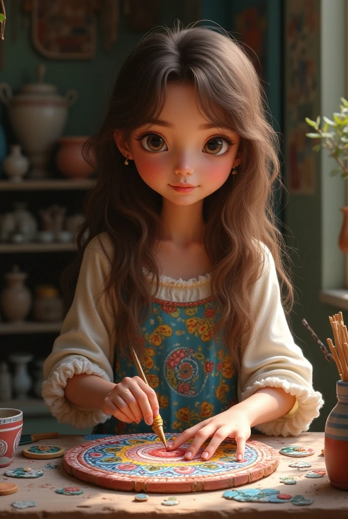Cute teenage girl with large brown eyes and long wavy brown hair with colorful beads in it wearing a teal dress and green cardigan and holding a paintbrush