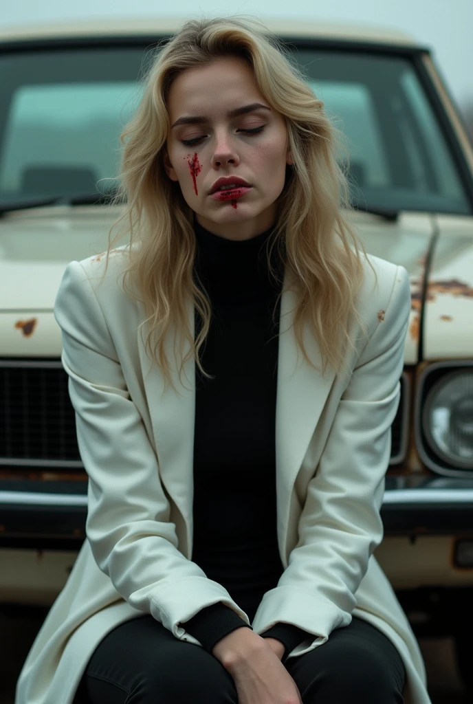sitting in the couch，An Araved woman with blood on her face, androgynous vampire, altered carbon style, erwin olaf, steven klein, author：Emma Andievska, While wearing a white Business suits, film still from horror movie, Inspired by Elsa Bleda, wearing a worn out suit, monia merlo, film still of the joker, Vampire, wearing futuristic white suit