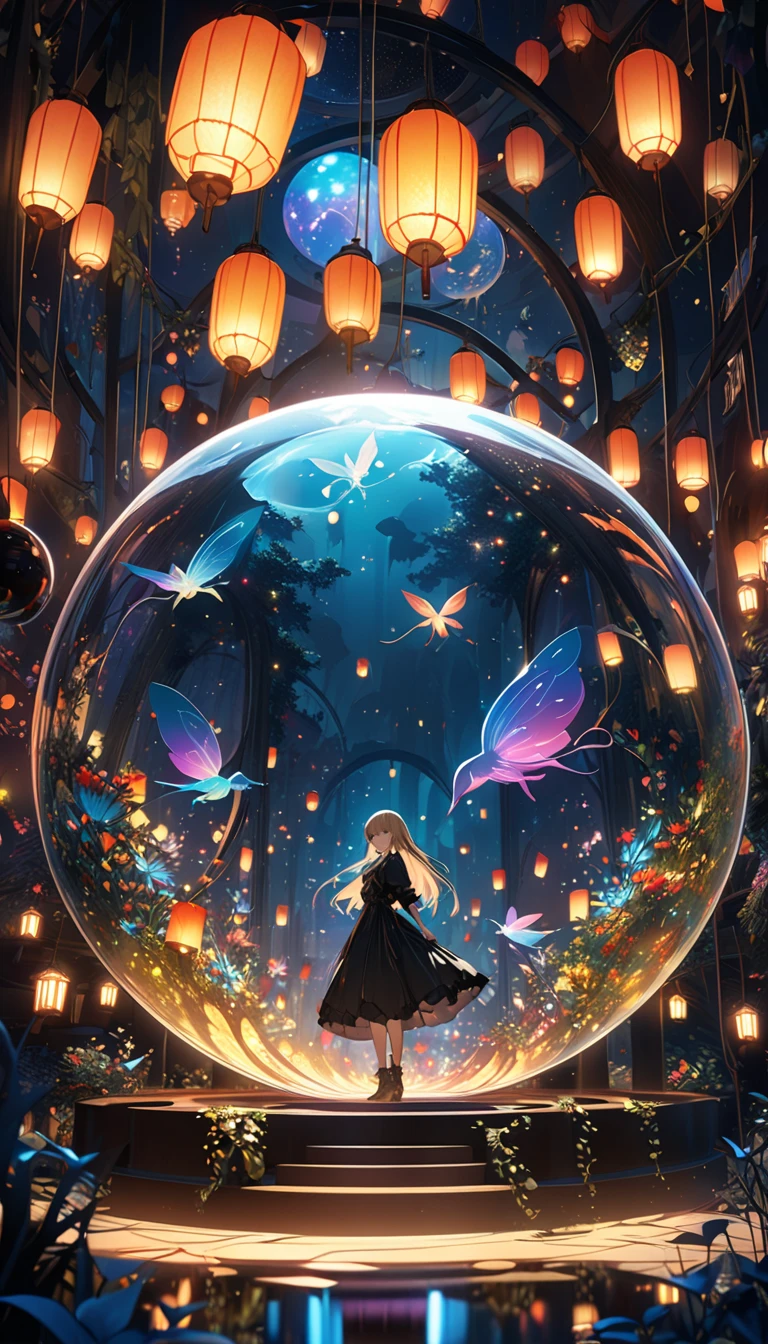 In a zero-gravity space countless lanterns float around with fairies flying and drawing lines of light around them, The scene is set inside a spherical diorama capturing the ethereal and cool atmosphere, The digital art style emphasizes sharp vibrant details with a dark background to highlight the bright lights of the lanterns and the trails left by the fairies, The composition creates a sense of depth and wonder making the viewer feel as if they are peering into a magical world, Gothic art, 16k, award winning, UHD, masterpiece