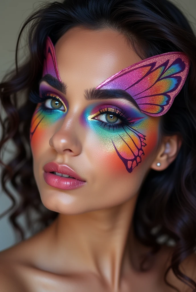woman arabo- latina, Colorful butterfly makeup , only with makeup , with futuristic design , only with makeup