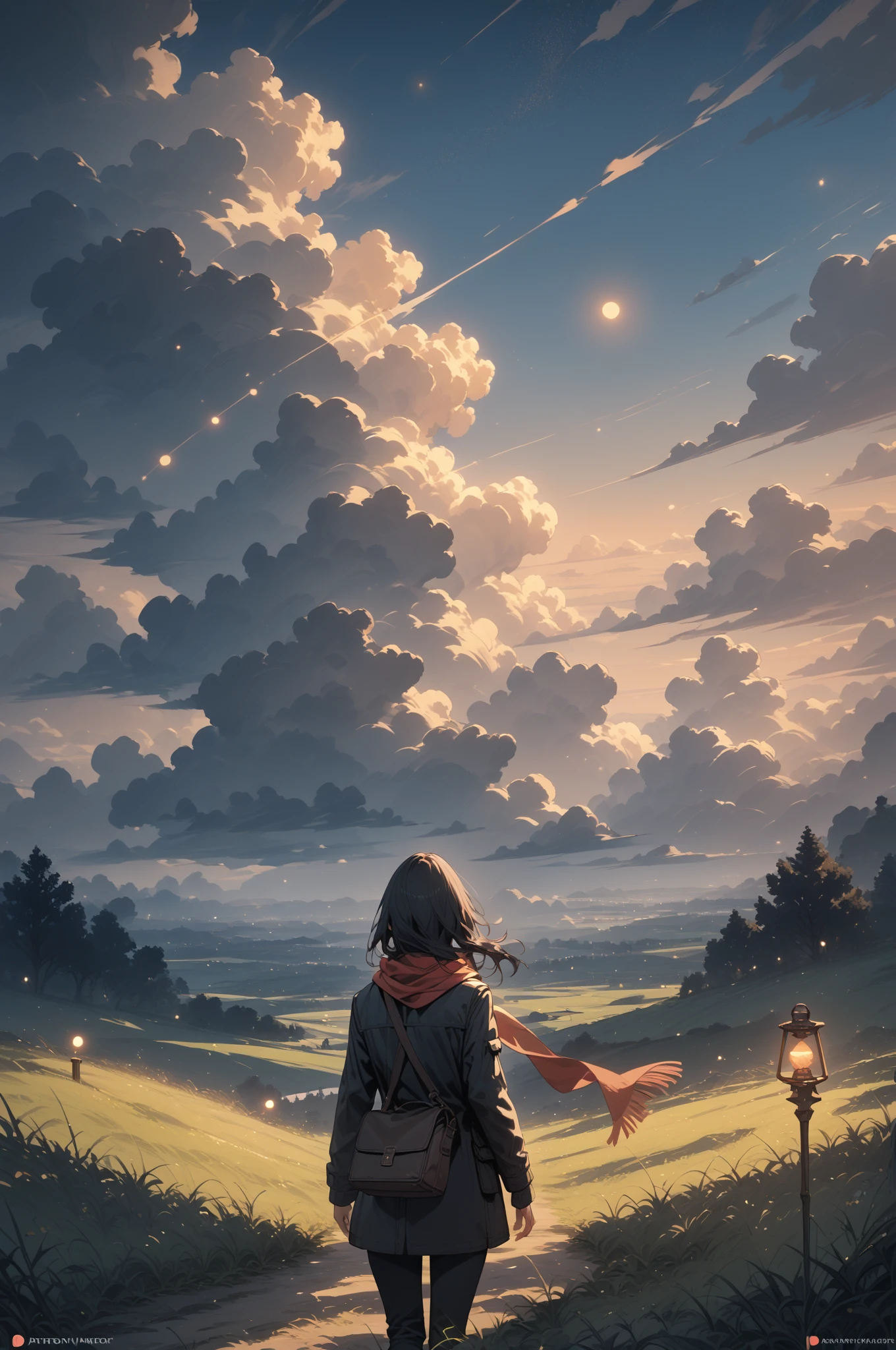 score_9,score_8_up,score_7_up, masterpiece, floating lantern, 1girl,solo,sky,cloud,outdoors,scenery,black hair,grass,from behind,long hair,standing,cloudy sky,dark,hood,sunset,bag,jacket,night,scarf,long sleeves,facing away,