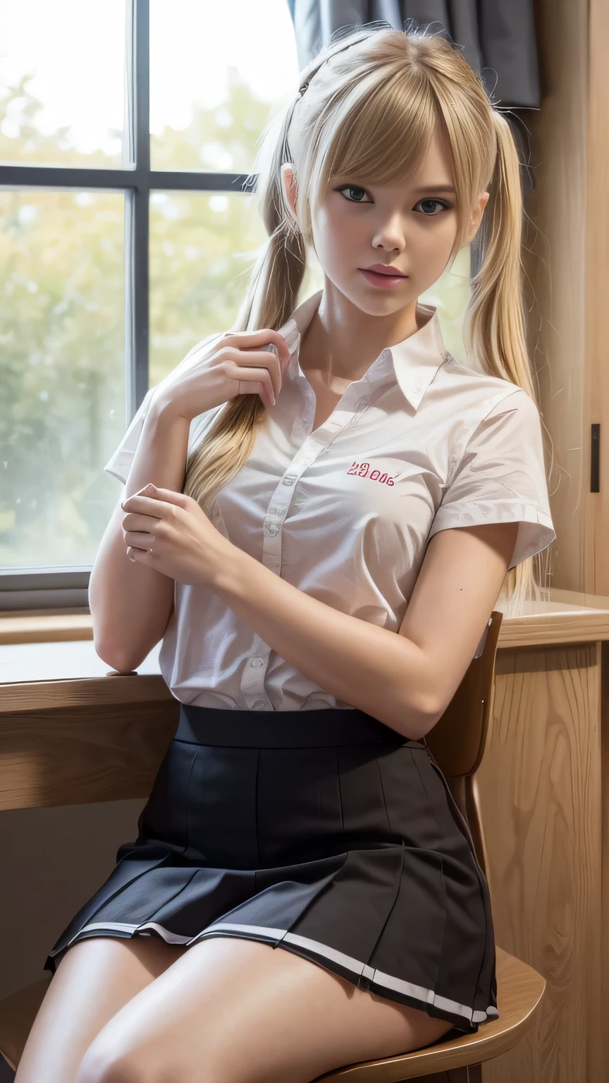 young beautiful blonde wearing a school outfit showing her pussy