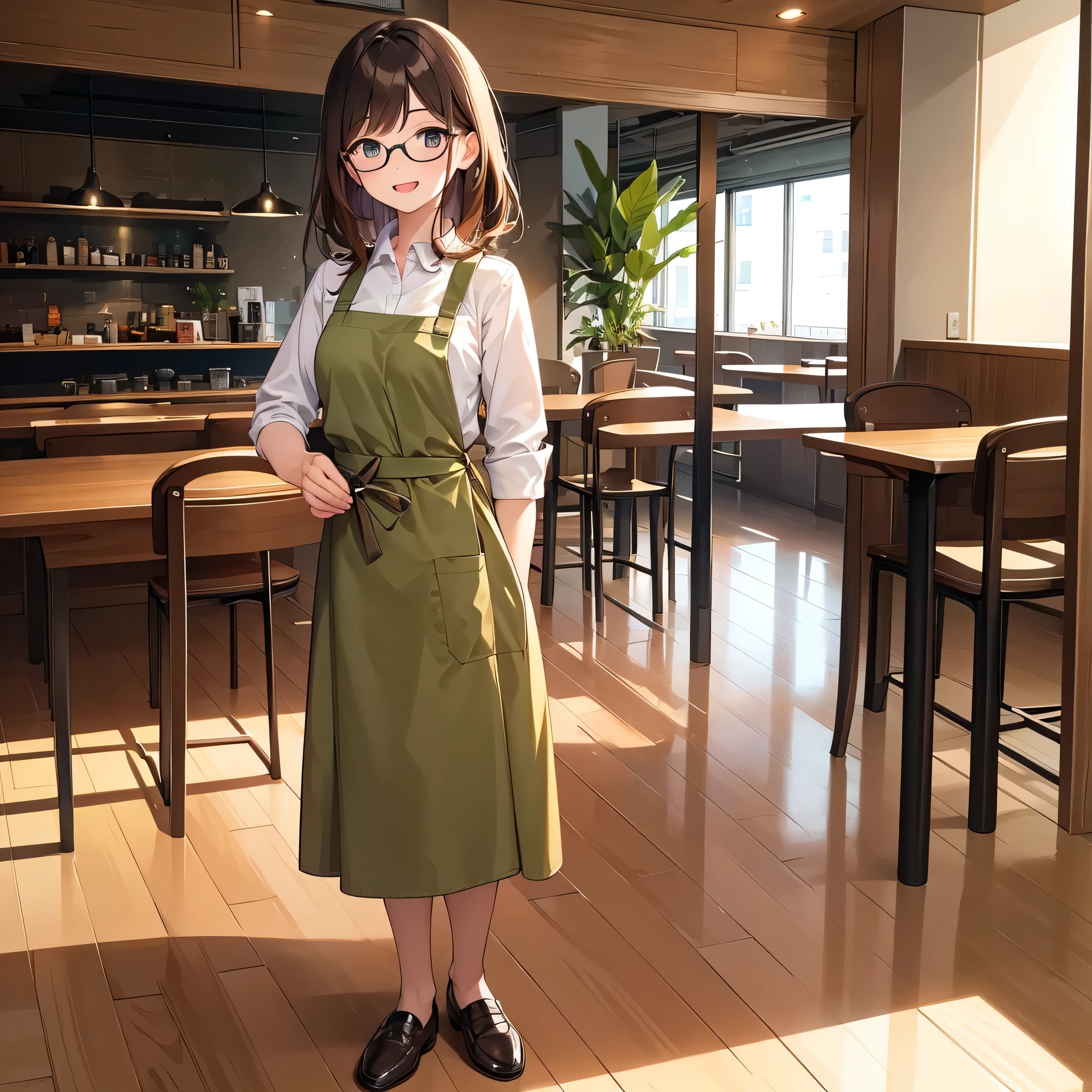 Best picture quality, highest quality, 1080p, 8K, masterpiece, first class, (perfect face), attention to detail, (alone), (full body), front view, one woman, standing, facing, light green shirt, (khaki apron), red tie, khaki skirt, leather shoes, long dark brown hair (sparkling eyes), white Restaurant hat, beautiful eyes Glasses, indoor restaurant, indoors, food in right hand, left hand holding menu at chest level, front view, open mouth smile