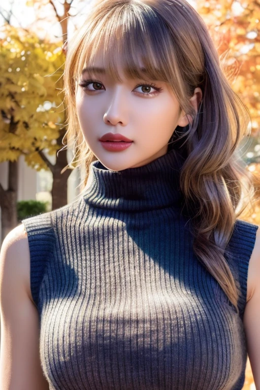  1 girl,(I'm wearing a sleeveless turtleneck sweater:1.4),( RAW Photos, Best Quality), (Realistic, photo-Realistic:1.4), masterpiece,  extremely delicate and beautiful,  Extremely detailed, 2k wallpaper, wonderful,  detailed ,  Extremely detailed CG unity 8k wallpaper, Super detailed,  Hi-Res, Soft light,  Girl with Beautiful Details ,  Extremely detailed eyes and face,  beautiful detailed nose,  beautiful detailed eyes, Movie Lighting,Autumn scenery,Autumn maple tree, outdoor ,sunlight,perfect anatomy,Slender body,  wavy hair in front of the station,lipstick,Grey Hair