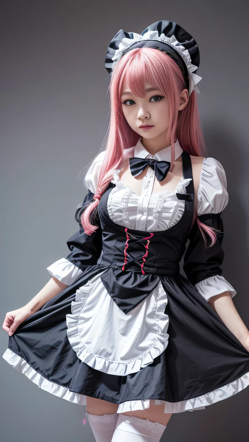 there is a woman sitting on a bed with stuffed animals, very beautiful cute catgirl, trending at cgstation, japanese goddess, ultrarealistic sweet bunny girl, [32k hd]^10, gorgeous maid, with bunny ears, loli in dress, loli, belle delphine, 8k)), with kitsune mask, wearing a pink rabbit costume