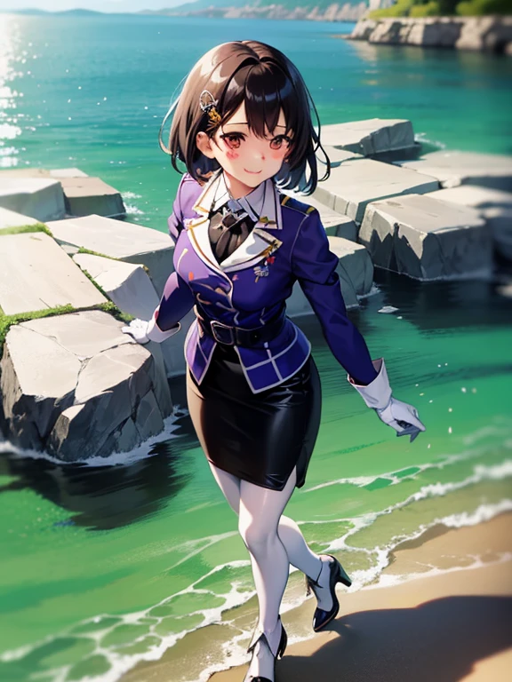 scratch \(Kantai Collection\),  short hair, Black Hair,  Brown Eyes ,  hair accessory , Clothing : uniform,  purple jacket that closes your eyes,  black tuxedo ,  white gloves, black belt,   black skirt with katana ,  miniskirt,   pencil skirt, White Pantyhose, Grey shoes,  high heels,
Break Smile, shy, blush your nose, (Heart Hand,  put your hands together :1)
 Blake Masterpiece , Best Quality,  Hi-Res, 8k,  OFFICIAL ART, Super detailed,  super resolution,  very detailed and beautiful,  very detailed, wonderfully detailed ,  very detailed美しい女の子,  very detailed顔,  very detailed目,  very detailed肌,  very detailed指,  very detailed鼻, Very knowledgeable mouth,  Perfect Anatomical Composition Full Body Shot, Opposition, On the Sea, On the water,  bright , scenery,  very detailed CG unity 16k, High Definition 16K CG Wallpaper 