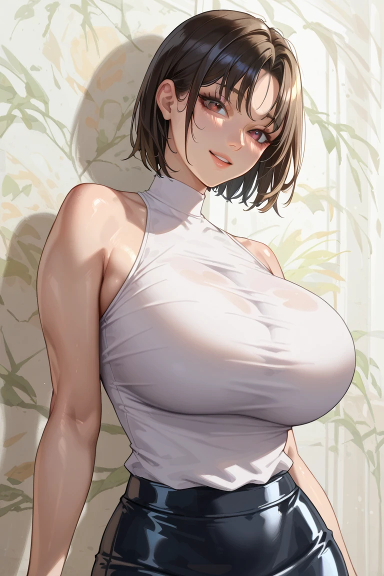  score_9,  score_8_up,  score_7_up, ((Best Quality)) 、(Beautiful face) 、shiny skin　、Black Hair　、Thin Nose　、high nose　、lips　(Split bangs) 、Forehead , Bob Hair 　、Light brown eyes　、Downcast eyes、smile　、Big Breasts　、 white shirt 　、 sleeveless shirt 　、 black tight skirt　、 stockings 　、(milf) 、 toned body　, viewers ,shiny ,skin