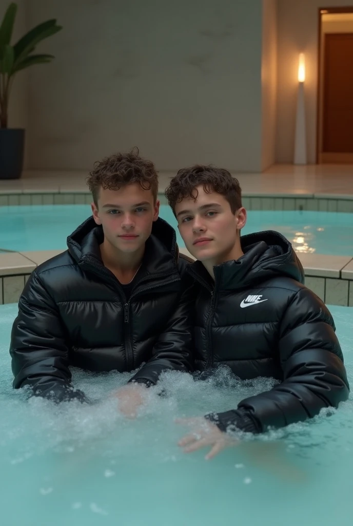 Two 20 year old twink boy with a thin body, short black hair, beautiful blue eyes, beautiful red lips, wearing pink light shorts and transparent shorts, swimming in an indoor pool, doing backstroke, with a sweet expression, sweating, with belly and feet visible, toes touching the watter, (best quality,4k,8k,highres,masterpiece:1.2),ultra-detailed,(realistic,photorealistic,photo-realistic:1.37),HDR,UHD,studio lighting,ultra-fine painting,sharp focus,physically-based rendering,extreme detail description,professional,vivid colors,bokeh,portrait