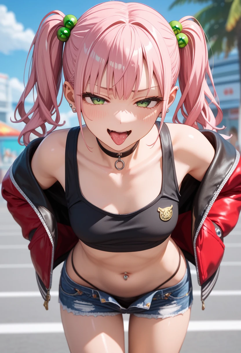 score 9, score 8 up, score 7 up, source anime,rating explicit,break, 1girl,mesugaki, twintails,pink hair,middle hair, green eyes,  piercings,high quality, detailed shiny skin, detailed beautiful hair, detailed beautiful eyes, (high resolusion:1.2), 4K, official art, high quality、zako (meme),smug,naughty face,black crop top ,denim shorts,jacket,detailed cloth,open mouth,tongue out,collarbone,bare shoulders,black string panties ,navel,navel piercing ,hair light green bobbles ,choker,leaning forward,amusement arcade,sex