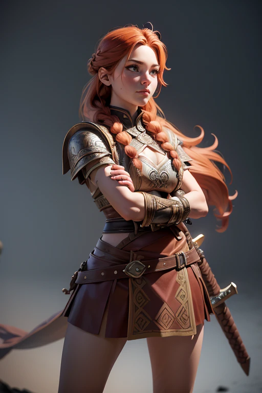  Young Viking woman , warrior,  long red hair tied in a single braid ,  amazonian body ,  generous hips , curvilinear, armed with sword ,  woman wears leather armor with leather linings and Celtic and Nordic knots, fur skirt,  top quality,  masterpiece , super detail,  lyrics,  cinematographic lighting,  plain white background , without patterns, No textures.