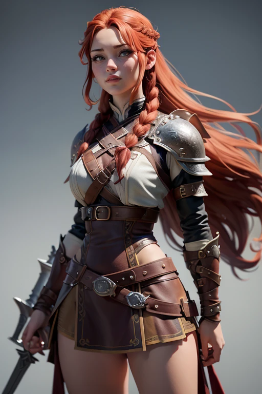  Young Viking woman , warrior,  long red hair tied in a single braid ,  amazonian body ,  generous hips , curvilinear, armed with sword ,  woman wears leather armor with leather linings and Celtic and Nordic knots, fur skirt,  top quality,  masterpiece , super detail,  lyrics,  cinematographic lighting,  plain white background , without patterns, No textures.