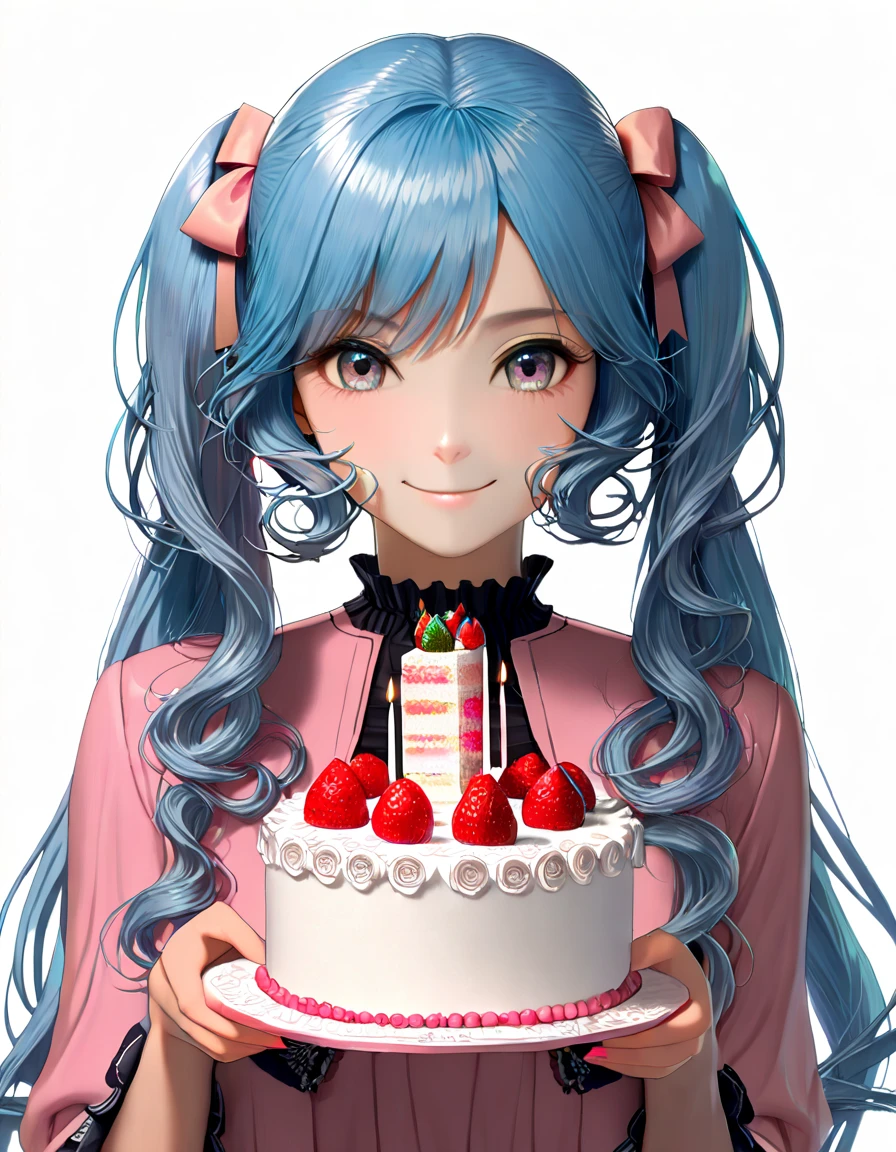 Best quality, Works of masters, A high resolution, 1girl, Super beautiful face, super beautiful eye, Super beautiful pink hair，(MagazineCover:1.2)，Trendy outfits，Expose shoulders,blushing, ((holding a birthday cake)) (((cake)))Hatsune Miku, 