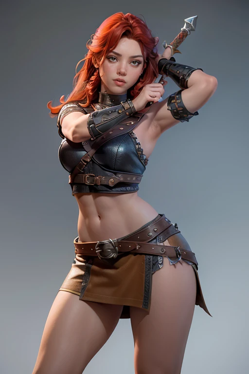  Young Viking woman , warrior,  long red hair tied in a single braid ,  amazonian body ,  generous hips , curvilinear, armed with sword ,  woman wears leather armor with leather linings and Celtic and Nordic knots, fur skirt,  top quality,  masterpiece , super detail,  lyrics,  cinematographic lighting,  plain white background , without patterns, No textures.