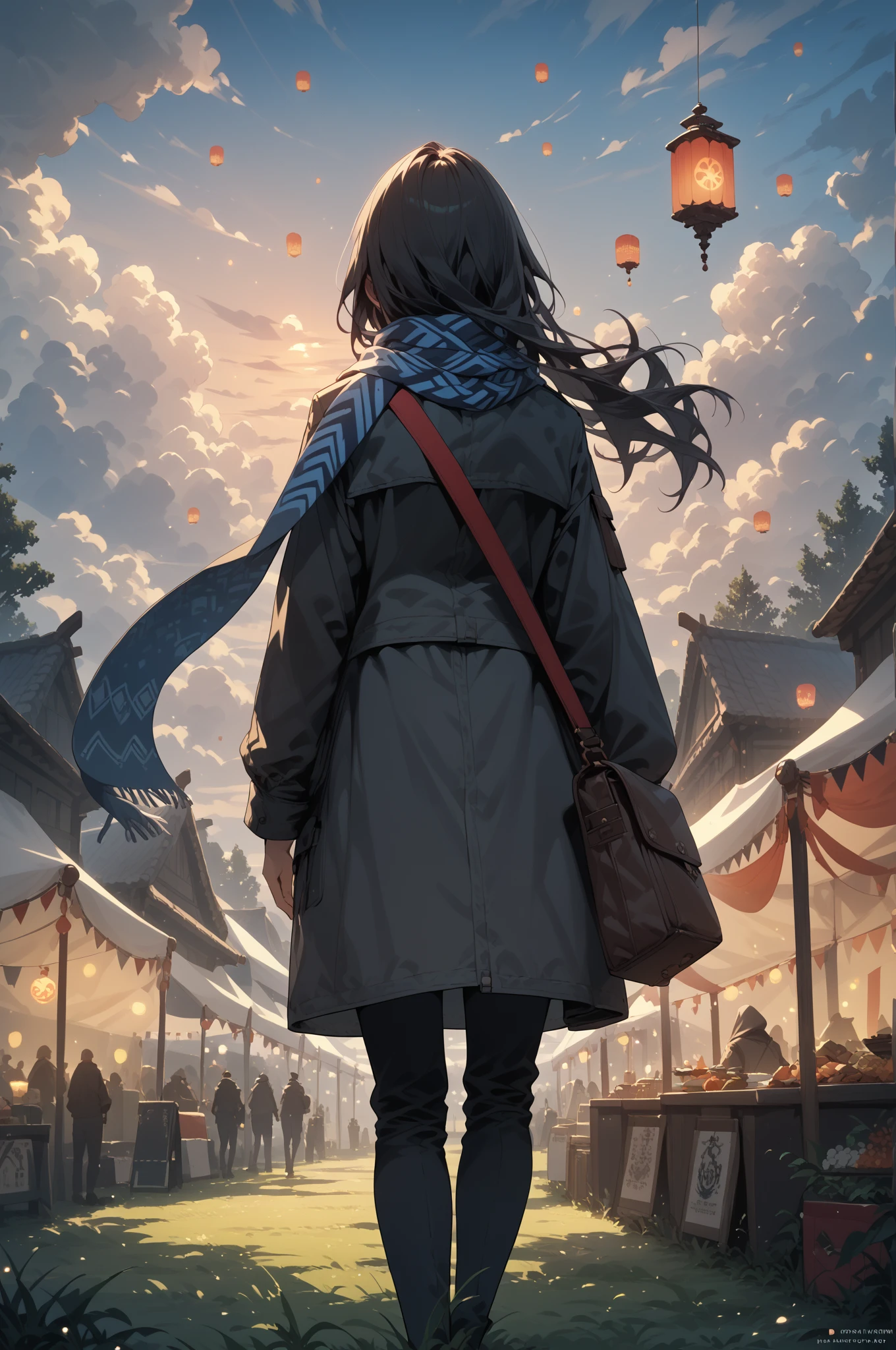 score_9,score_8_up,score_7_up, masterpiece, (floating lantern), festival, dynamic composition, 1girl,solo,sky,cloud,outdoors,scenery,black hair,grass,from behind,long hair,standing,cloudy sky,dark,hood,sunset,bag,jacket,night,scarf,long sleeves,facing away,