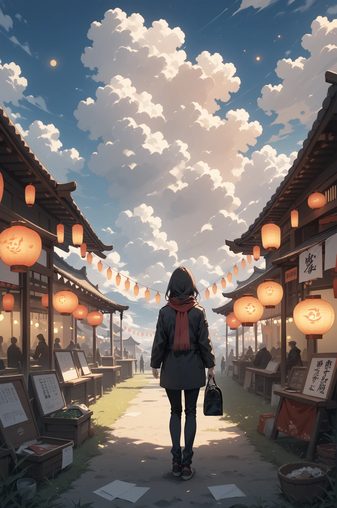 score_9,score_8_up,score_7_up, masterpiece, (floating paper lantern), festival, dynamic composition, 1girl,solo,sky,cloud,outdoors,scenery,black hair,grass,from behind,long hair,standing,cloudy sky,dark,hood,sunset,bag,jacket,night,scarf,long sleeves,facing away,