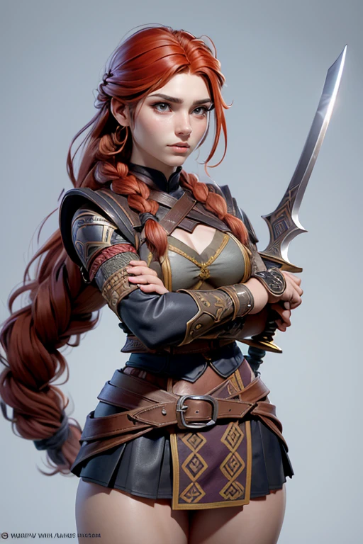  Young Viking woman , warrior,  long red hair tied in a single braid ,  amazonian body ,  generous hips , curvilinear, armed with sword ,  woman wears leather armor with leather linings and Celtic and Nordic knots, fur skirt,  top quality,  masterpiece , super detail,  lyrics,  cinematographic lighting,  plain white background , without patterns, No textures.