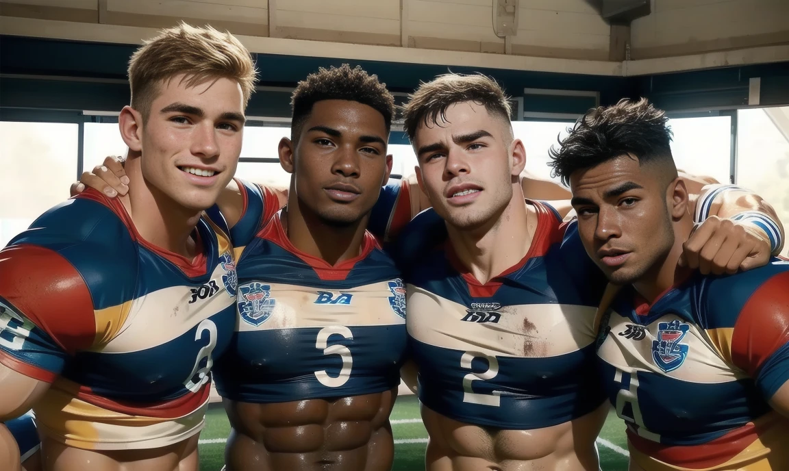 group of sexy sweaty dirty college rugby league jocks standing close together and wearing the same rugby league jersey. looking at you with lusty hungry excited grins.