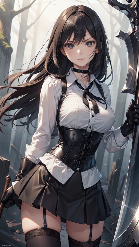 ((blood droplets)), ((blood)), ((blood splatter)), ((blood on clothes)) ((blood stain)), masterpiece, Superior image quality, High resolution, 4k image,photo and gross, photorealistic, whole body, distant view, 1 young man of 15 years, {{{vagina}}}, big breasts, beautiful face, long black hair, black eyes, very detailed eyes, pink cheeks, serious expression, choker:1.6, (white collar button down long sleeve shirt), black gloves, gloves that cover hands, (holding an ax in the right hand), (black leather corset), (shiny black miniskirt), Sensual Lips, show details in the eyes, View from the front, looking at the viewer, standing in a dark room, at night, crimson sky,