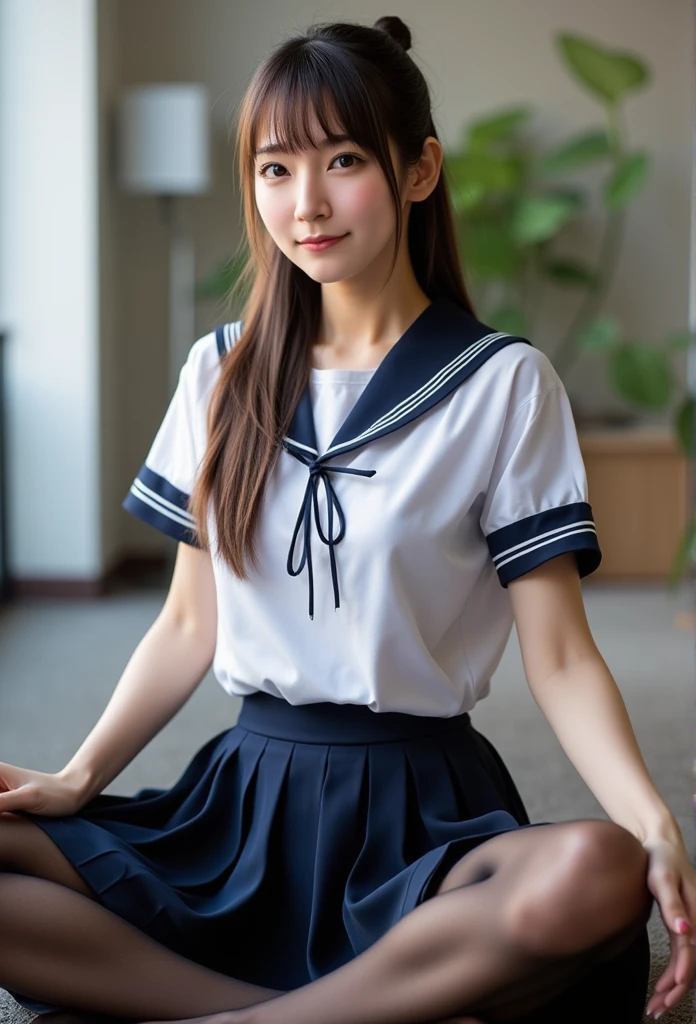 Very detailedな CG Unity 8k 壁紙, Highest quality, Very detailed, masterpiece, Realistic, photo Realistic, Photographing the whole body from a distance、Very detailedなかわいい 14 歳の女子, (((Try lifting your skirt))), (Lift it yourself),  Camel Toe、Natural Makeup、(masterpiece:1.3, Highest quality, Ultra-high resolution, Very detailed), (Realistic:1.1, photoRealistic:1.4)、School Life、In the classroom、Enjoying alone、Blushing、Xiaowa、Beautiful detailsまでこだわった髪, Beautifully detailed face, Beautiful details, Camel Toe、Beautiful clavicle, Beautiful body, Beautiful breasts, Beautiful thighs, Beautiful feet, Beautiful fingers, 
View your viewers, 1 Girl, Japanese, 14-year-old girl、smile、Perfect Face, (Perfect Anatomy, Anatomically correct), Cute and symmetrical face, Baby Face,  細部にまでこだわったWhite skin, Skirt flip、Camel Toe、Skirt flip、((Lower body naked))、((Wear loafers and socks))、(Cute side twin tails:1.5,brown、Scrunchie), Asymmetrical bangs, black eye, Long eyelashes, (Small Box)、Very slim figure、thin, blush, Lips parted, Looking at the audience  ((Cute Sailor Suit:1.5))、In a Japanese classroom、Detailed slender legs、White skin、Skirt flip、Camel Toe、Skirt flip、(2 legs、Black knee-high socks:1.2)、((One young junior high school student))、((Low Angle Portrait:1.5))、View from the inseam