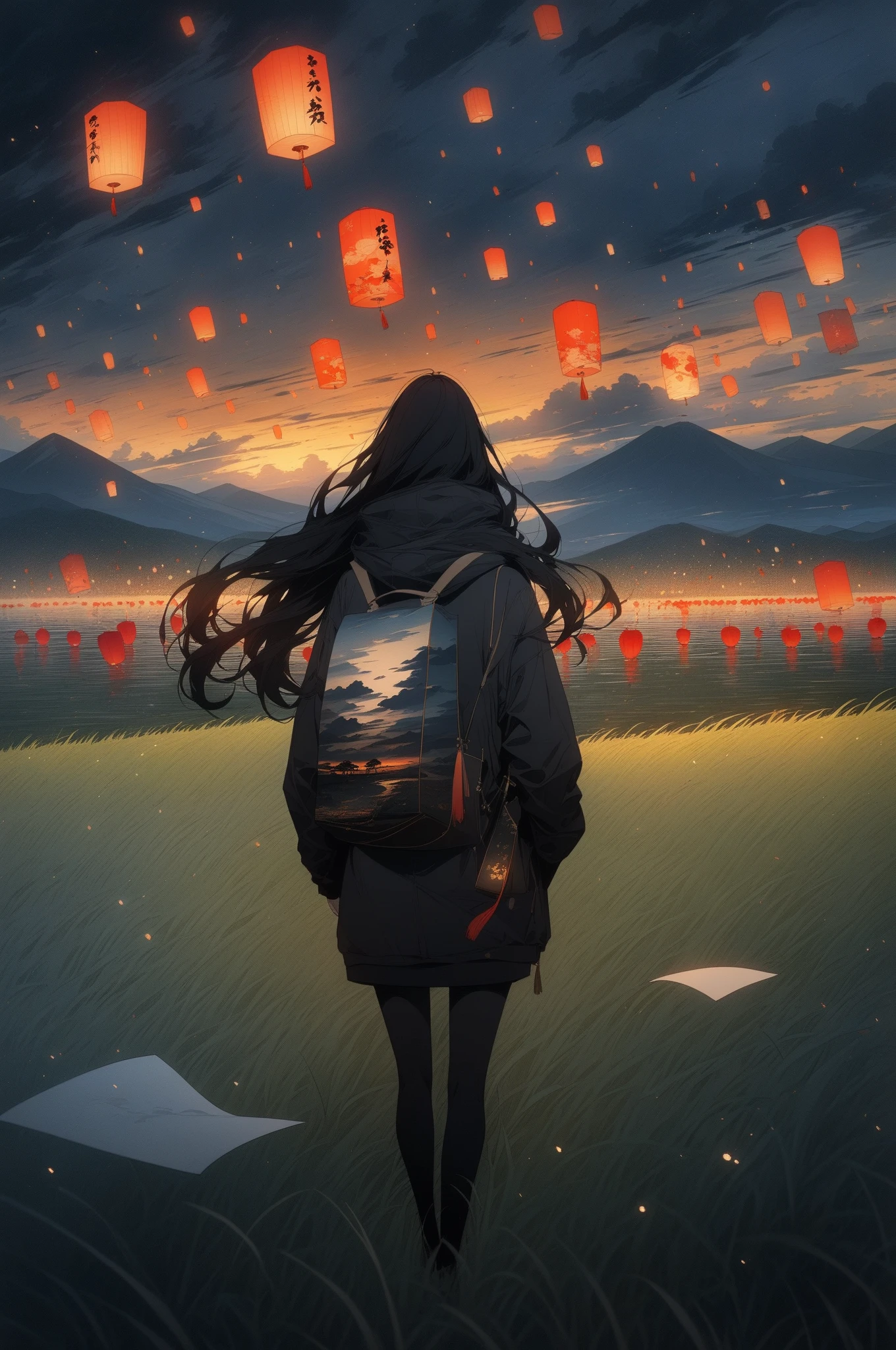 masterpiece, (floating paper lantern), festival, dynamic composition, 1girl,solo,sky,cloud,outdoors,scenery,black hair,grass,from behind,long hair,standing,cloudy sky,dark,hood,sunset,bag,jacket,night,scarf,long sleeves,facing away,