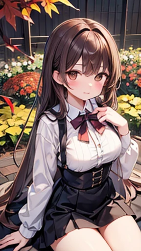 (highest quality, 8k, masterpiece, Very detailed:1.2), Movie angle, Blooming Grassland, Shine, Particles of light, garden, 1 girl,Brown-haired long-haired woman.Slightly chubby,The breasts are small,The butt is small,Brown eyes,Maid, Maid headdress, apron, arms, Earrings, cute, smile, Skirt flip,