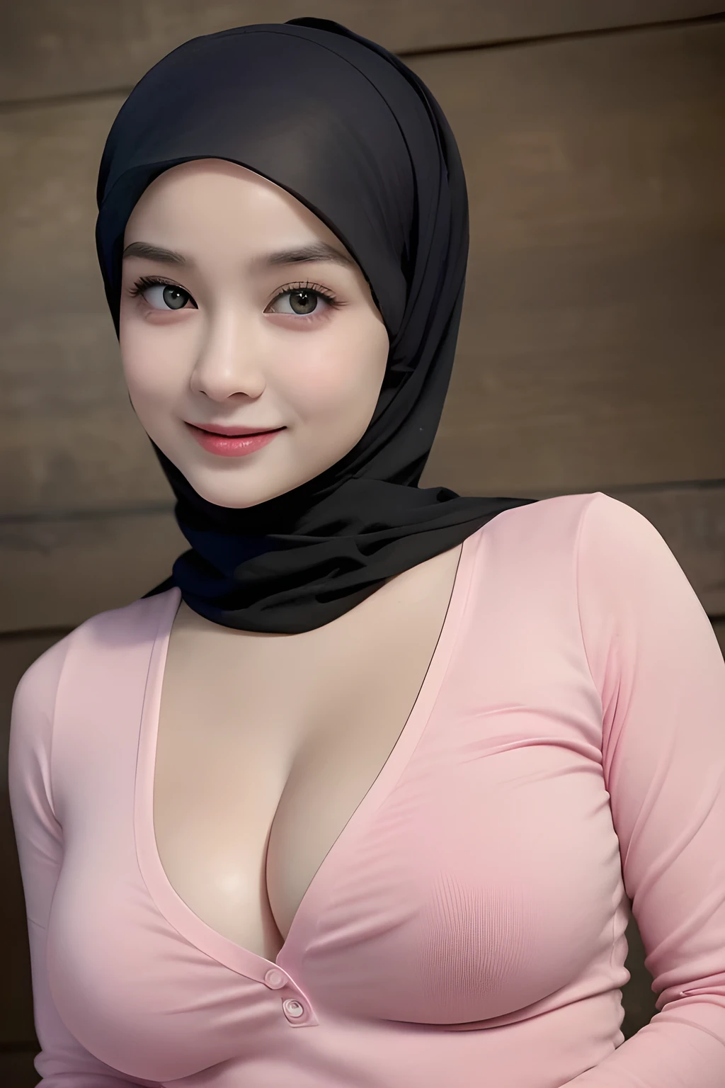 Very cute like a *********, ((Stylish Hijab)), adorable, 1 girl, , *********, shy, half body portrait,smile,  (face details: 1), (eye details: 1), ((round large breasts, cleavage)). Cute posed. proportional body. Ultra High Res. (realistic: 1.8), UHD, ((SHINY SKIN :1.05))