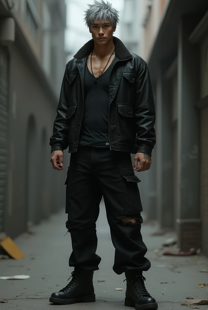  [*Name: Kenji, Age: 25, Gender: Male, Height: 6,1, Hair style: Gray messy hair, Eye color: Brown, Skin Color: Tan, Looks: Attractive and Natural, Clothing and Equipment: Black  leather jacket, a tanktop, black saggy jeans, black shoes, Personality: Serious, Chill, and Cold, Body Type: A tone body, Overall: a hybrid who’s a half human and half wolf.*]