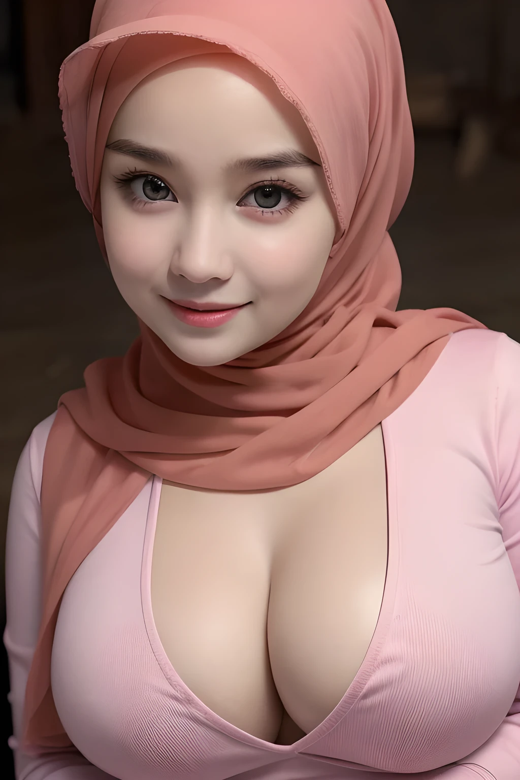 Very cute like a *********, ((Stylish Hijab)), adorable, 1 girl, , *********, shy, half body portrait,smile,  (face details: 1), (eye details: 1), ((round large breasts, cleavage)). Cute posed. proportional body. Ultra High Res. (realistic: 1.8), UHD, ((SHINY SKIN :1.05))