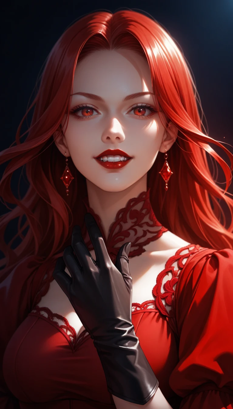 masterpiece,  of high quality, 
  cartoon style , anime ,    vibrant colors    ,     Light-Dark Lighting    ,        with cannabis theme      ,
1 woman,    details inspired by the vampire Lenore    (   from Castlevania Netflix     )
long   red hair,   red hair,     red eyes   ,
((( Half-length portrait, close-up,   red dress  , deep neckline,   red eyes detalhados,   detailed face gloves, Teeth, red lipstick)))
dark background
