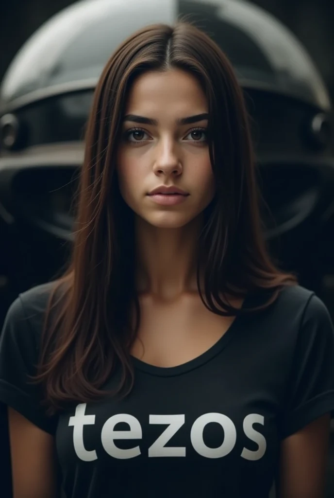 best quality,highres,ultra-detailed,realistic:1.37,Ruja standing in front of a space ship,beautiful detailed eyes,beautiful detailed lips,longeyelashes,extremely detailed eyes and face,medium:T-Shirt with the slogan "Tezos",girl,portrait,horror,concept artists,sharp focus,dark color tone,studio lighting